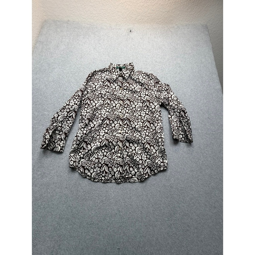 Lauren Ralph Lauren Womens Brown White Floral Button Down Shirt Size M